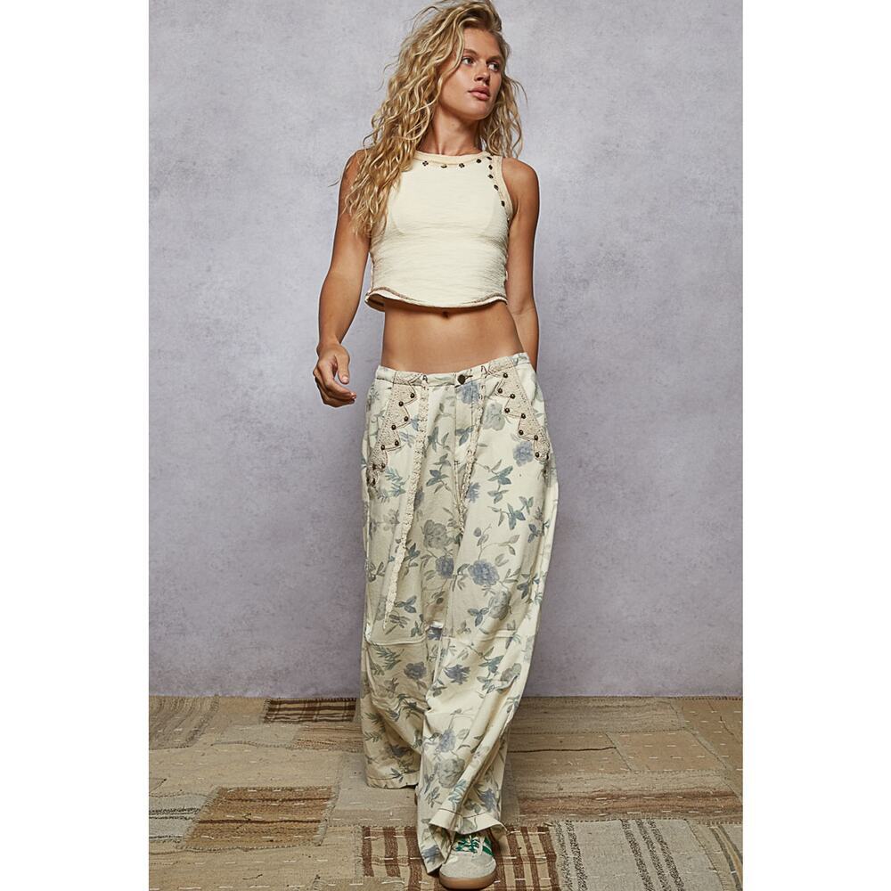 POL Size Large Cream Floral Lace Drawstring Detail Printed Twill Woven Pants - Picture 4 of 6